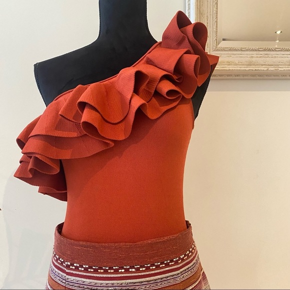 RODEO SHOW Ruffle Trim One Shoulder Viscose Rust Knit Top Blouse Stretch Size M - Picture 2 of 11